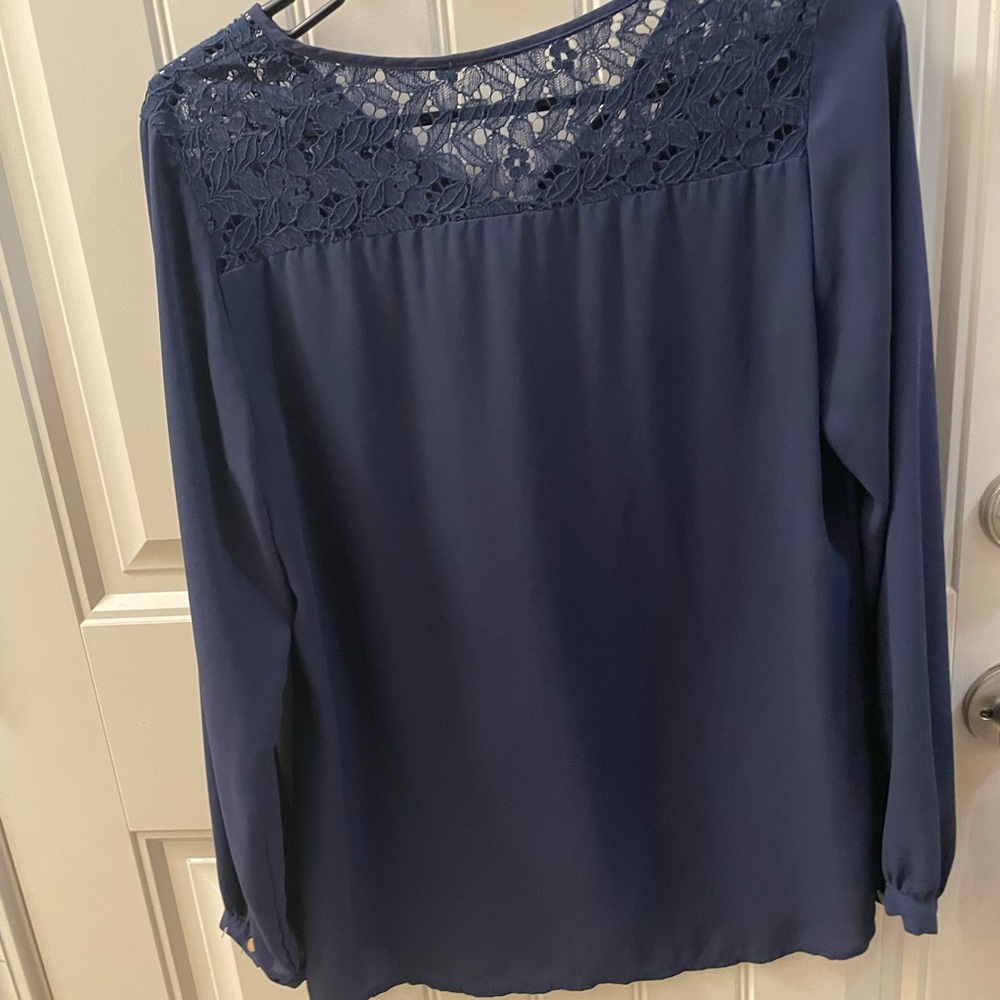 ✨ Notations Navy Lace Zip Front Blouse | Long Sleeve - Picture 3 of 4